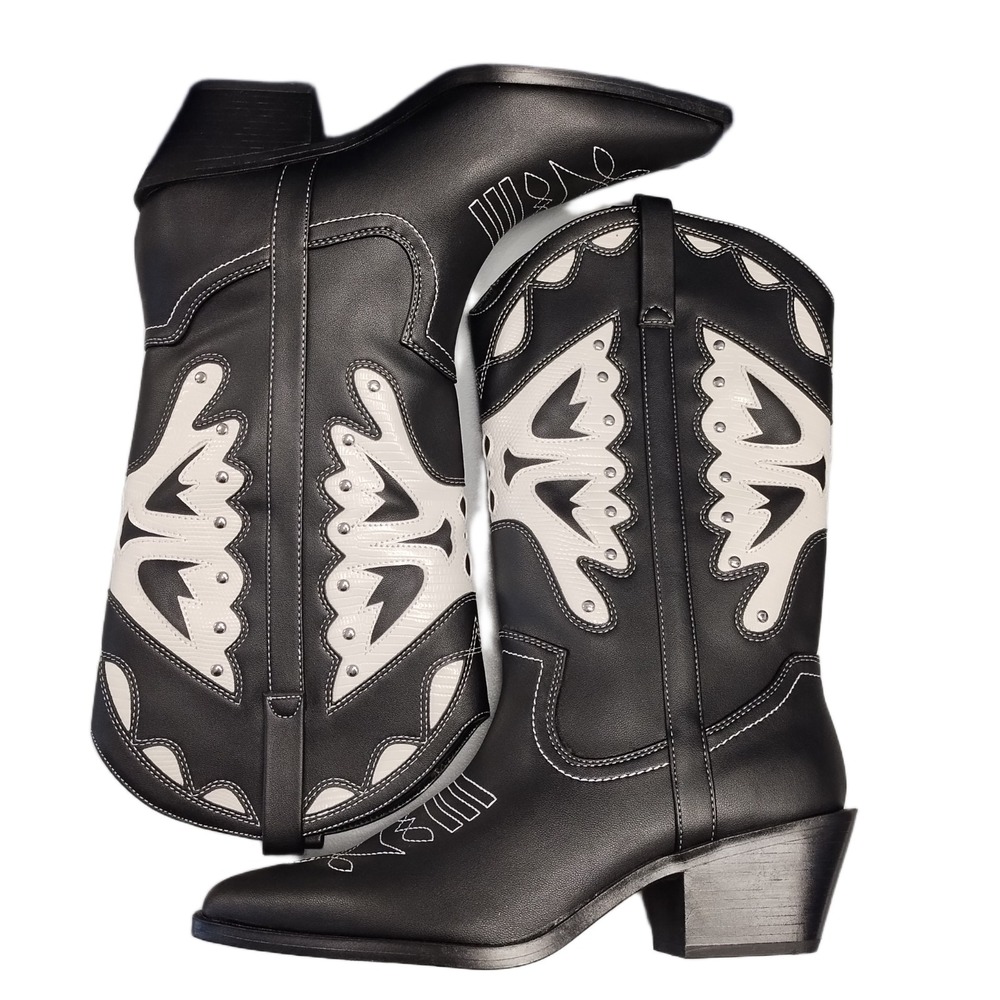 Madden Girl Saloonn Western Boots Womens US 9M Black White Pointed Toe Pull‎ On